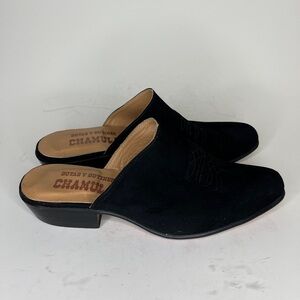 Chamula Shoes Slides Mules Women Size 24.5 US 7.5 Black Suede Heels